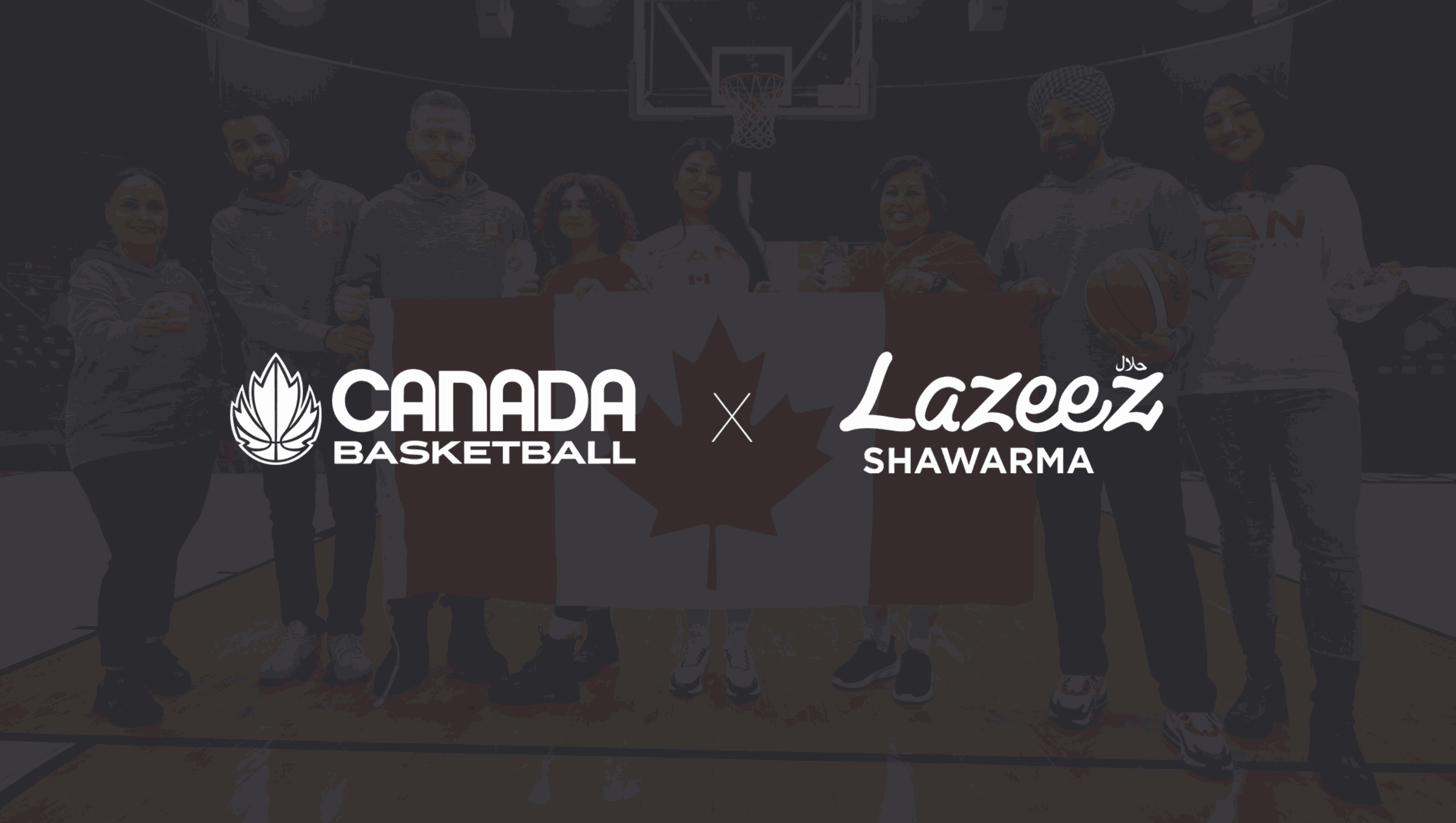 Lazeez Shawarma Head Office team holding a canada flag & Lazeez food